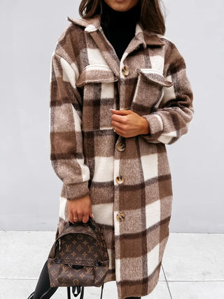 Buy coffee Winter Checked Jackets Coats Women Fashion Casual Oversized Turn Down Collar Long Outwear Thick Warm Woolen Blends Overcoats