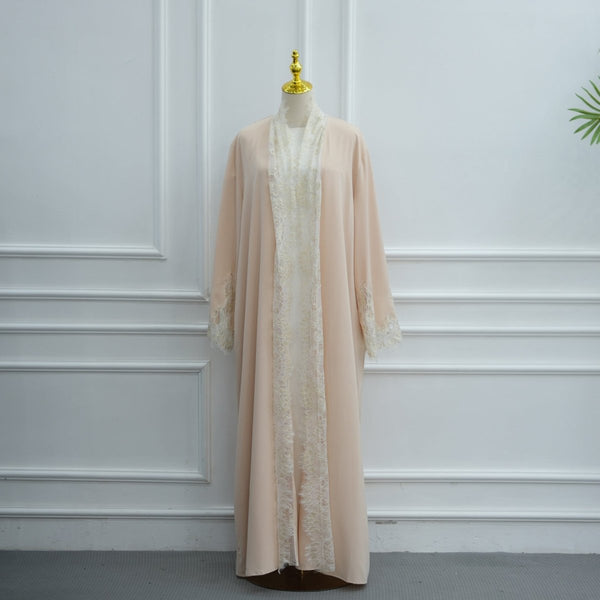 Lace-Panel Flared-Sleeve Open Abaya with Pockets(MOA332)