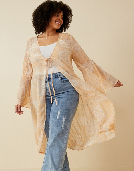 Sheer Patch Print Chiffon Tie- Front Duster - Tan