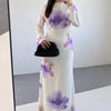 Watercolour Floral Washed-Crinkle Wide-Sleeve Maxi Dress(MS473)