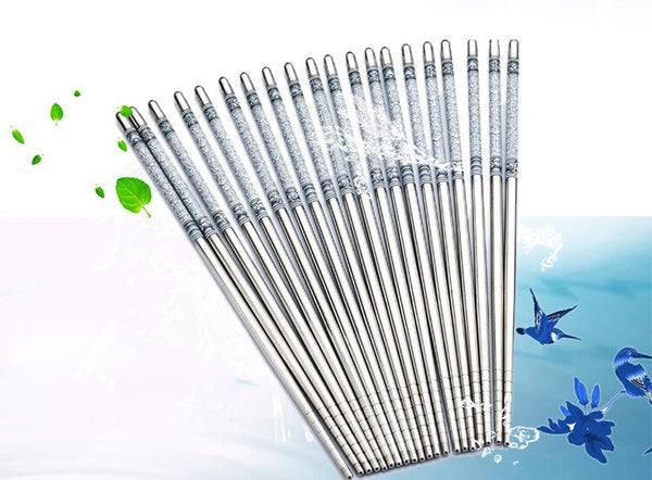 5 Pairs Durable Food Stick Chinese Traditional Flowers Pattern Stainless Steel Chopsticks