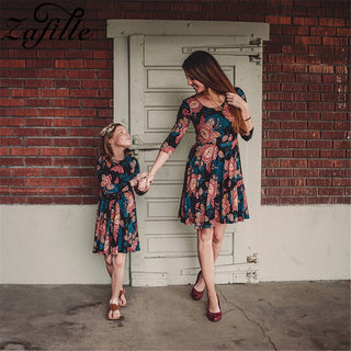 ZAFILLE Family Matching Clothes Three Quarter Autumn Winter Floral Mini Dress Mother Daughter Dresses Mommy and Me Clothes