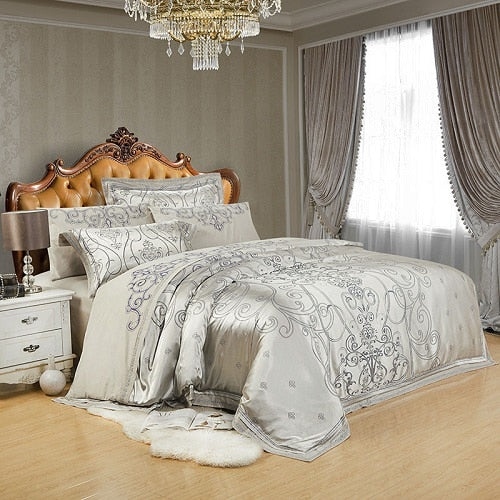 Sliver Gold Luxury Silk Satin Jacquard Duvet Cover Bedding Set