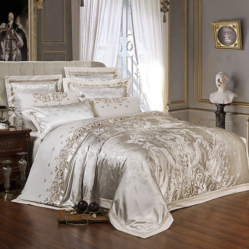 Sliver Gold Luxury Silk Satin Jacquard Duvet Cover Bedding Set